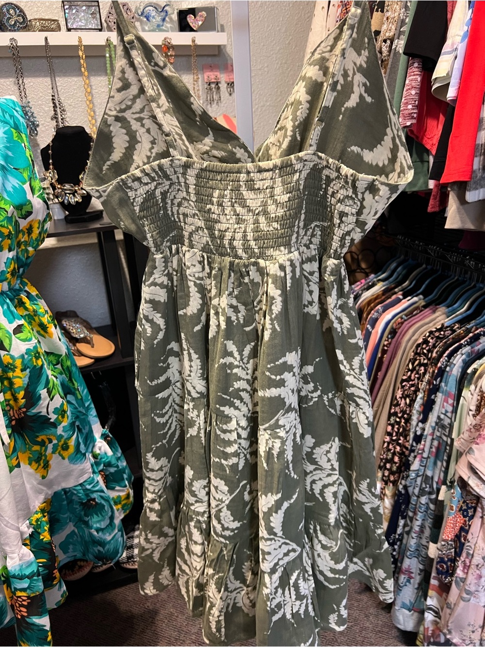 Sacred Threads Olive & White Floral Tiered Spaghetti-Strap Dress - Picture 3 of 5
